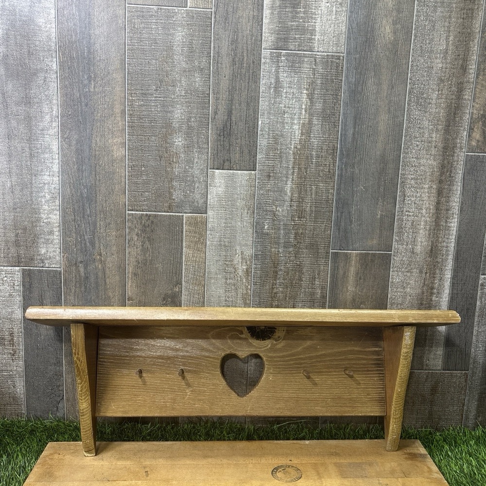 Vintage Wood Heart Peg Rack Wall Shelf 5 Hooks Country Primitive Farmhouse
